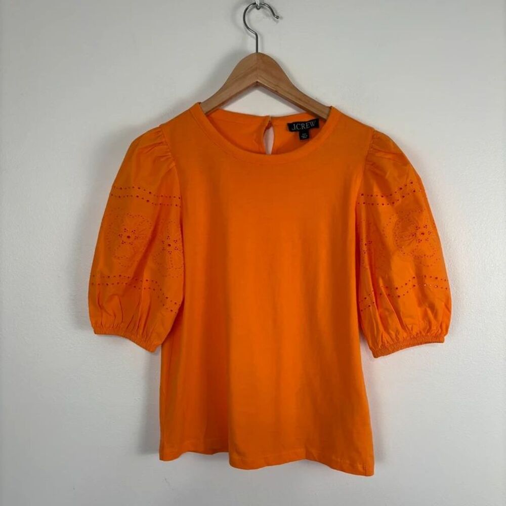 J.Crew Women XXS Orange Eyelet Puff Sleeve Knit Top T-Shirt Cotton BQ893